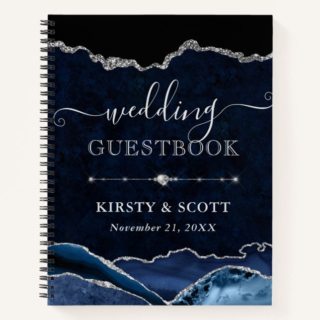 Carnet Blue & Silver Glitter Agate Wedding Guest Book (Devant)