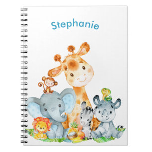 Carnet Blue Watercolor Cute Safari Jungle Animaux