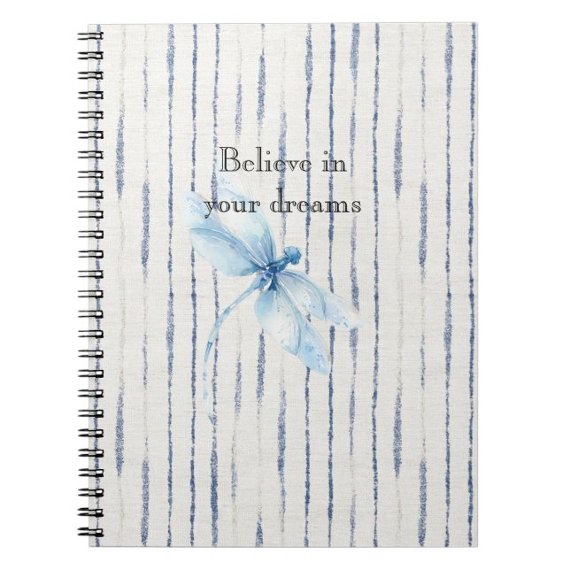 Carnet Blue White Stripes Dragonfly Believe (Devant)