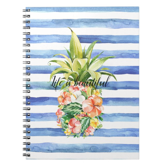Carnet Blue White Stripes Tropical Floral Pineapple (Devant)