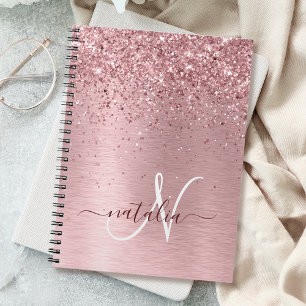 Carnet Blush Pink Brushed Metal Glitter Monogram Name