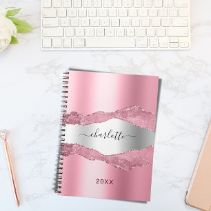 Carnet Blush rose marbre d'agate argenté nom
