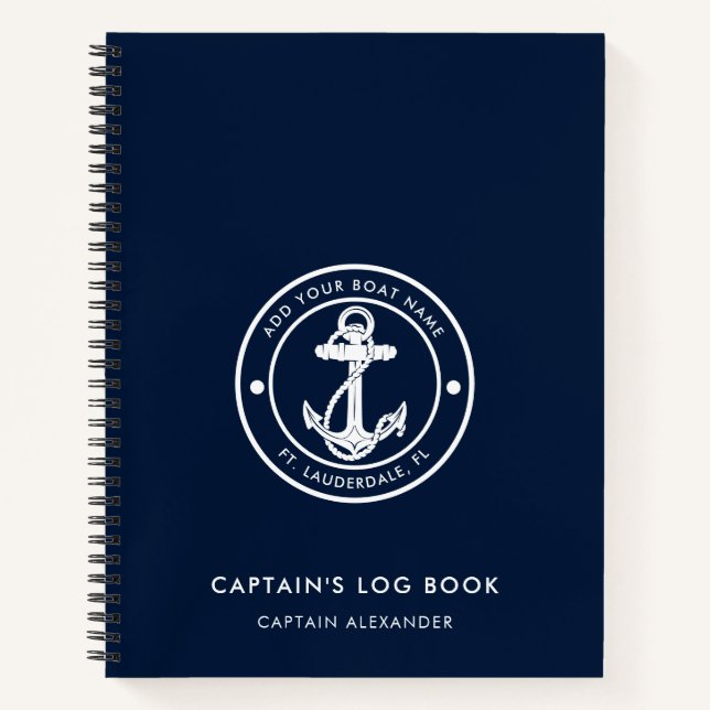 Carnet Boat Anchor and Name Navy Blue Captain Log (Devant)