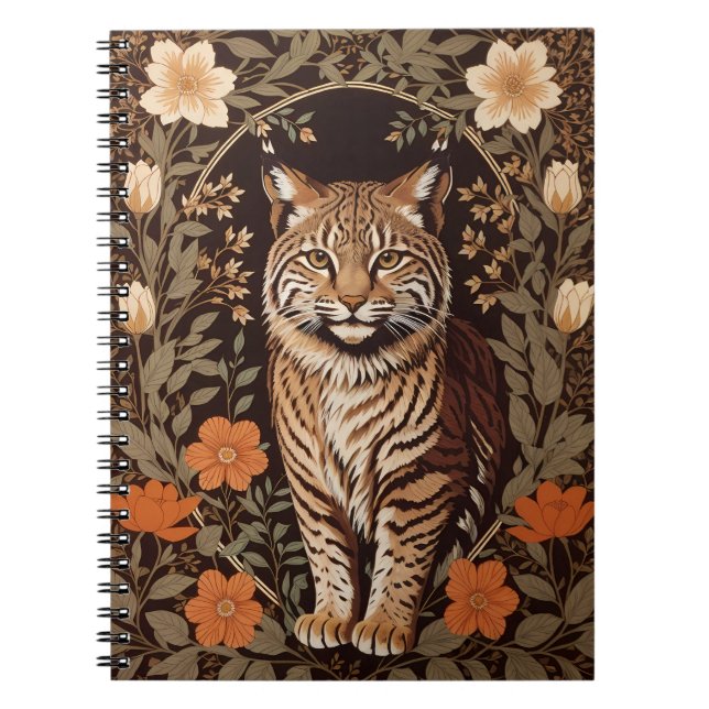 Carnet Bobcat élégant sur fond floral marron (Devant)