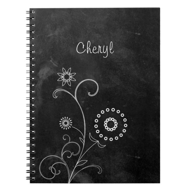 Carnet Bohème Blackboard Cute Fleurs Blanches Avec Nom (Devant)