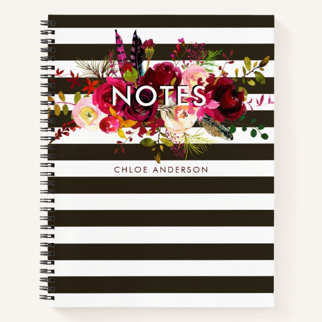 Carnet Boho Burgundy Notes florales avec bandes (Devant)