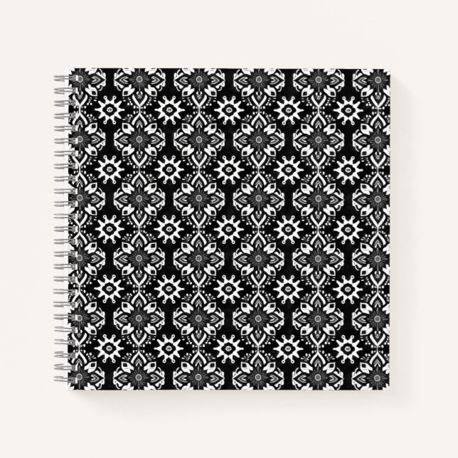 Carnet Boho Chic noir et blanc motif floral (Devant)