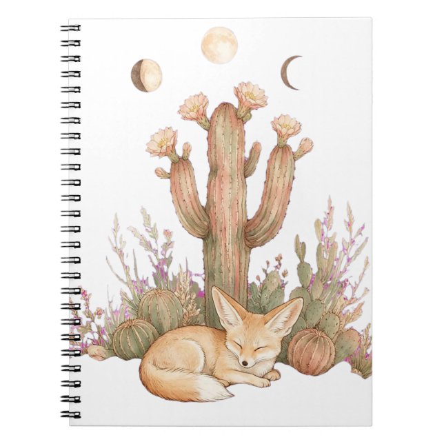 Carnet Boho Désert Fennec Fox Endormi Sous Cactus Saguaro (Devant)