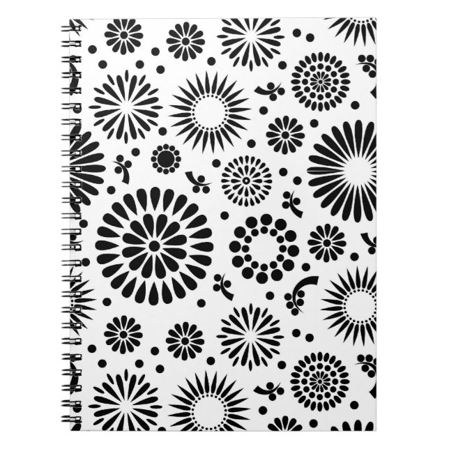 Carnet Boho fleurs Motif floral vectoriel noir et blanc (Devant)