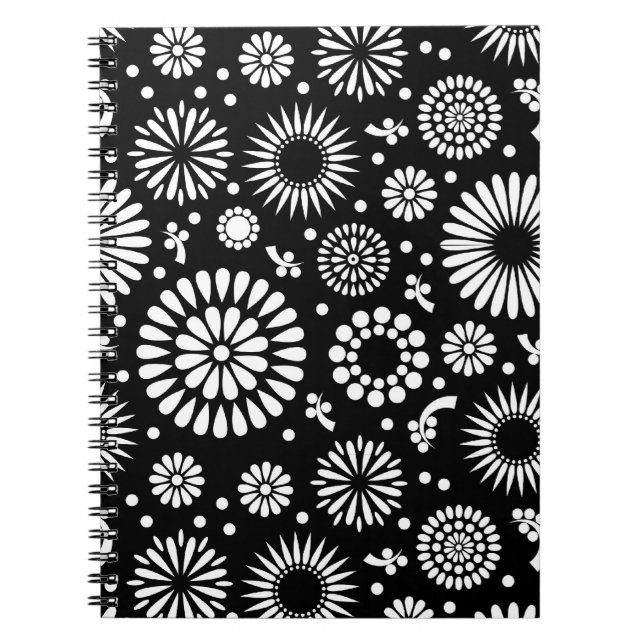 Carnet Boho fleurs Motif floral vectoriel noir et blanc (Devant)