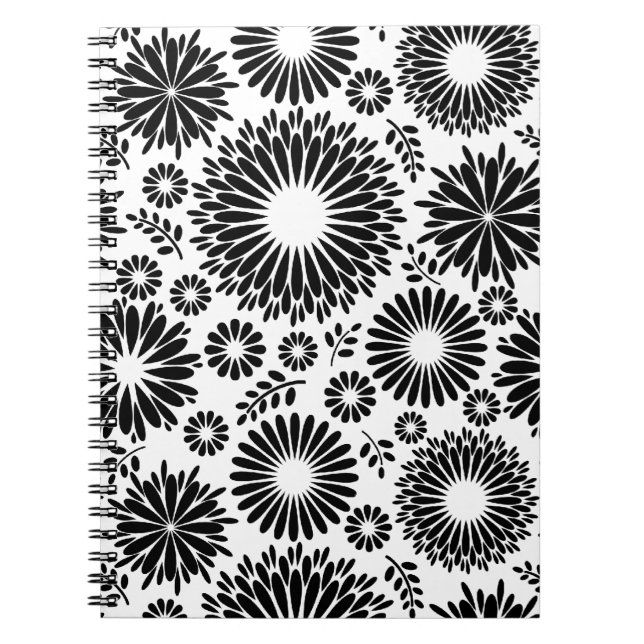 Carnet Boho fleurs Motif floral vectoriel noir et blanc (Devant)