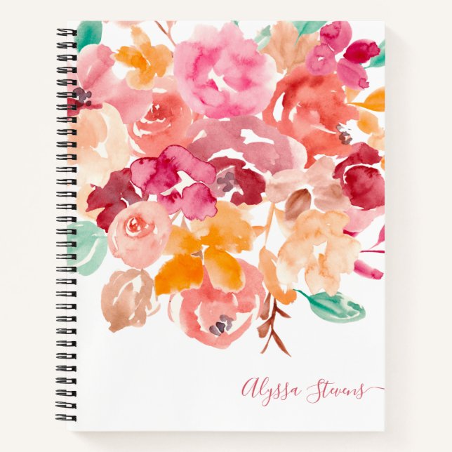 Carnet Boho fleurs rétro motif d'aquarelle fleurie (Devant)