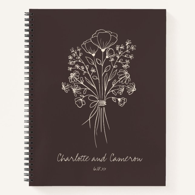 Carnet Boho Flower Line Art Drawing Brown Custom Wedding (Devant)