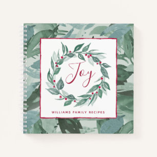 Carnet Boho Greenery Wreath Red Joy Script Nom de famille