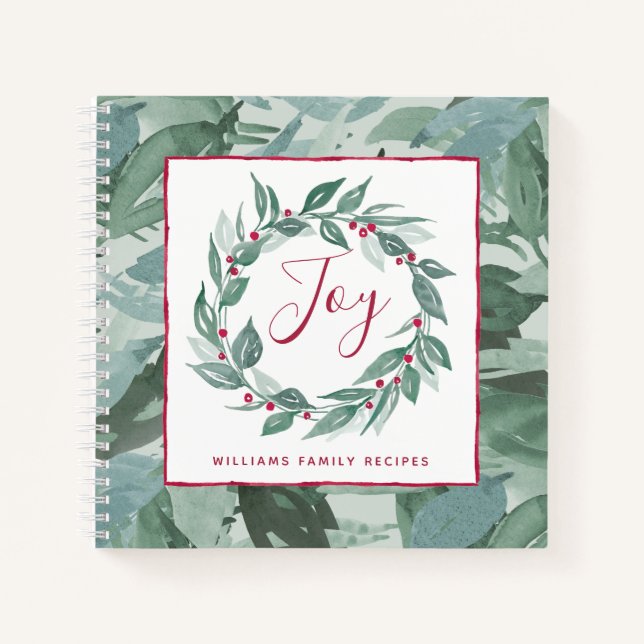 Carnet Boho Greenery Wreath Red Joy Script Nom de famille (Devant)