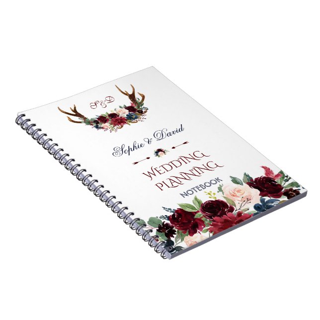 Carnet Boho Merlot Marine Floral Antlers Wedding planner (Côté Droit)