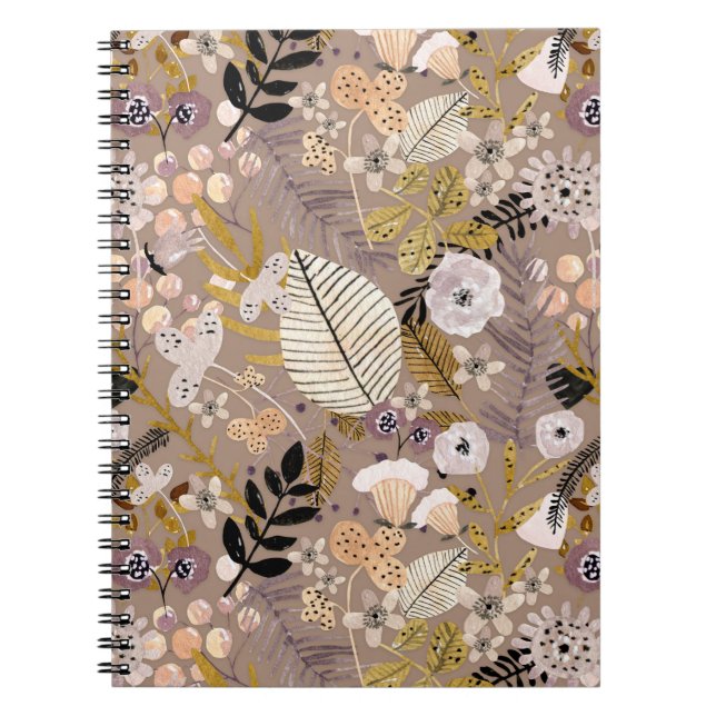 Carnet Boho noir blanc ligne de pêche or tiré feuille flo (Devant)