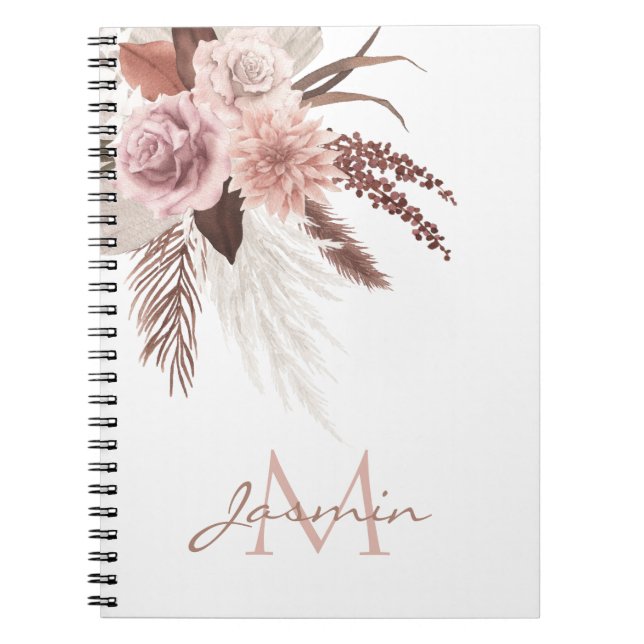 Carnet Boho Pampas Rose Grass Fleurs séchées Monogramme (Devant)