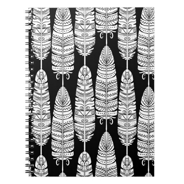 Carnet Boho plumes : motif noir et blanc (Devant)