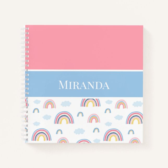 Carnet Boho Rainbows Rose Bleu Votre nom Typographie (Devant)