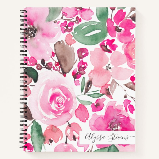 Carnet Boho rose fleurs motif aquarelle fleurie (Devant)