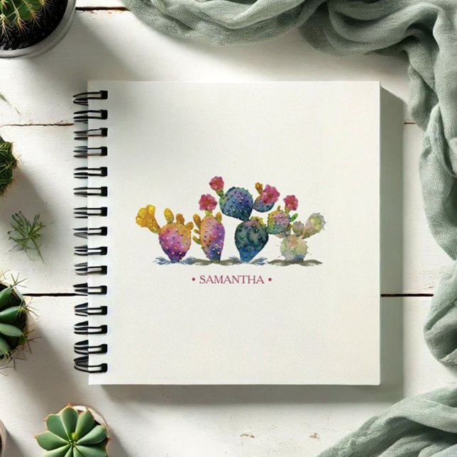 Carnet Boho Watercolor Cactus Journalisation personnalisé (Watercolor cactus notebook personalized with your name in pink. )