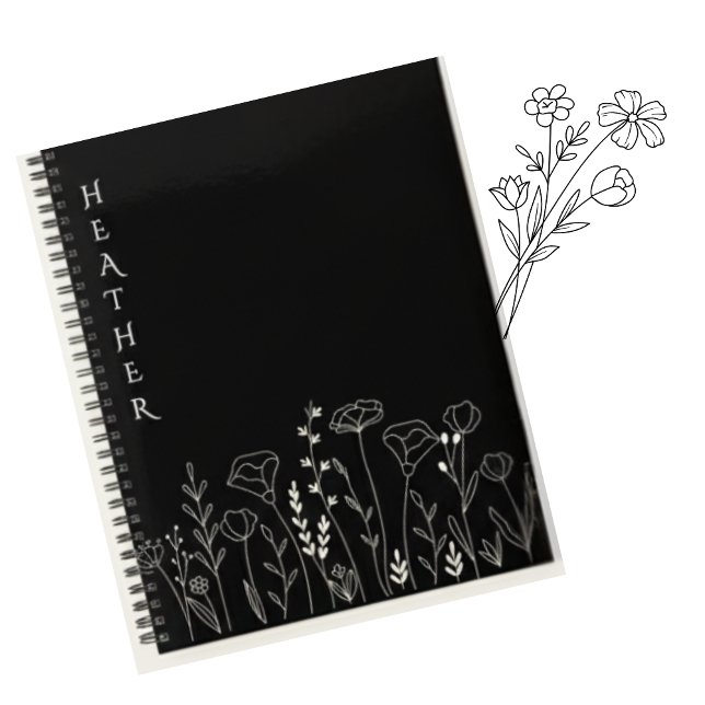 Carnet Boho Wildflower Personalized Black Gift for Her (Créateur téléchargé)