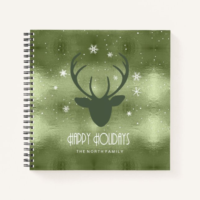 Carnet Bois de cerf silhouette & Flocons de neige Vert ID (Devant)