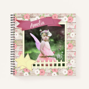 Carnet Bois rustique et Floral rose Personnalisé Photo & 