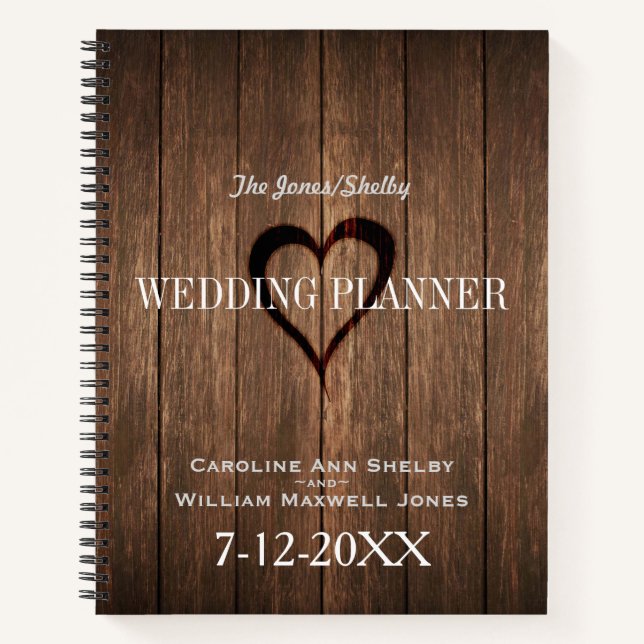Carnet Bois rustique et Wedding planner cardiaque gravé (Devant)
