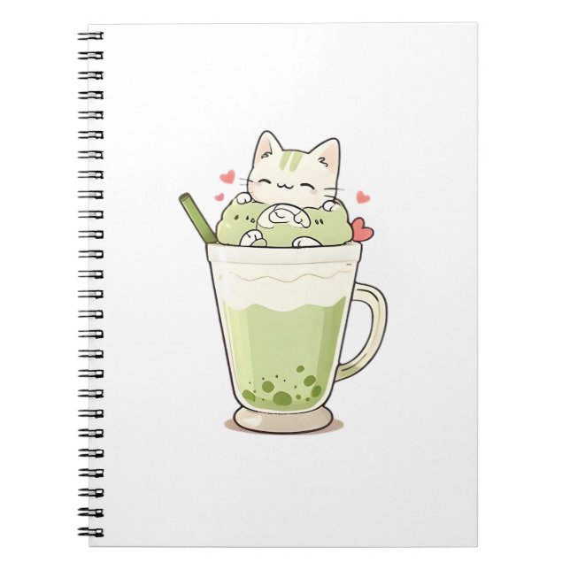 Carnet Boisson au matcha au lait Boba Chat Mignon Design  (Devant)