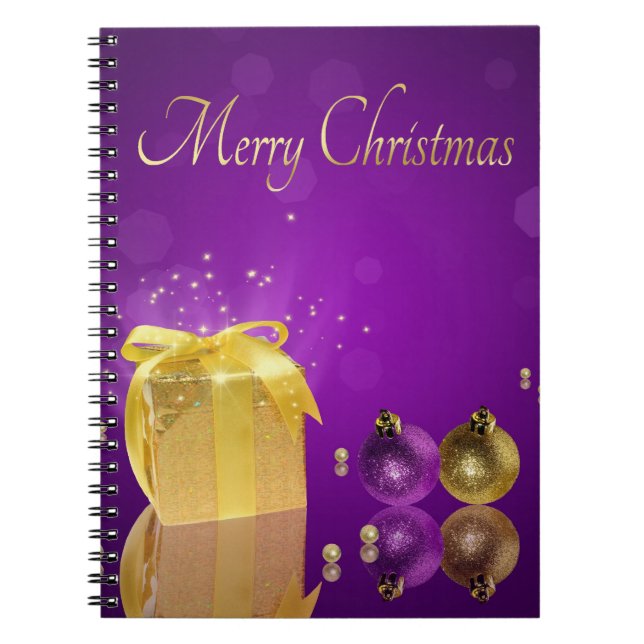 Carnet Boîte-cadeau de Noël dorée sur lavande violette (Devant)