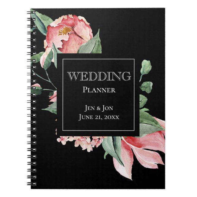 Carnet Bold Pink Magnolia on Black Wedding Planner (Devant)