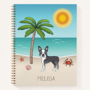 Carnet Boston Terrier Bleu sur une Plage Tropicale d'Été