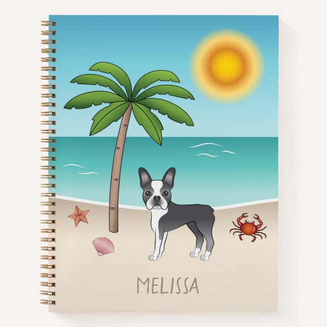 Carnet Boston Terrier Bleu sur une Plage Tropicale d'Été (Devant)
