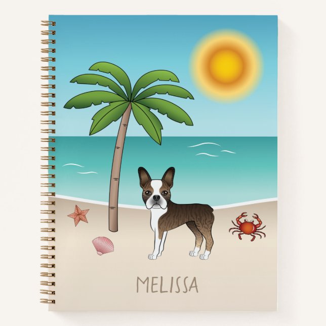 Carnet Boston Terrier bringé sur une plage tropicale esti (Devant)