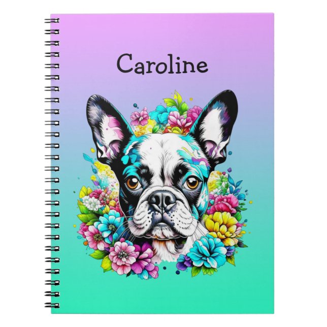 Carnet Boston Terrier entouré de fleurs Personnalisé (Devant)