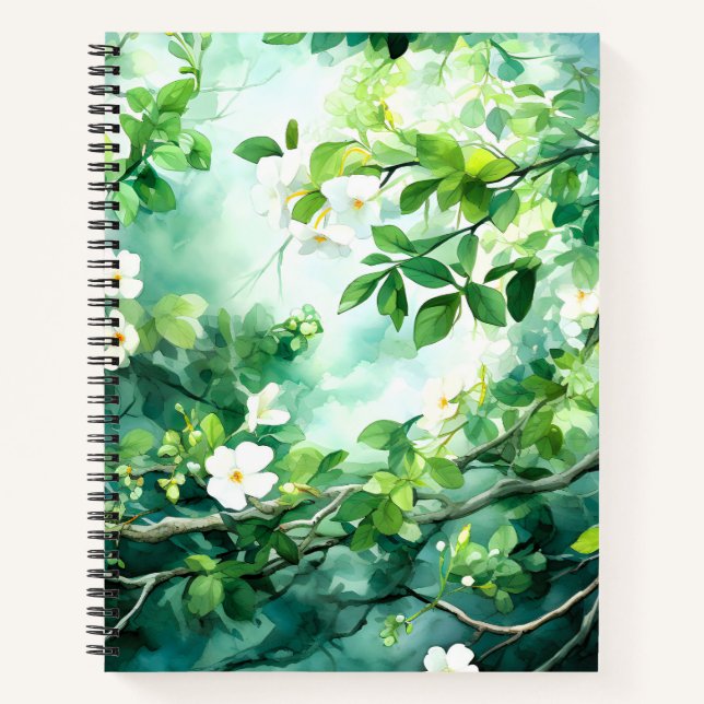 Carnet Botanical Watercolor White Blossoms Green Leaves (Devant)