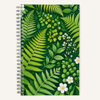 Carnet botanique Fougère verte et fleurs blanches