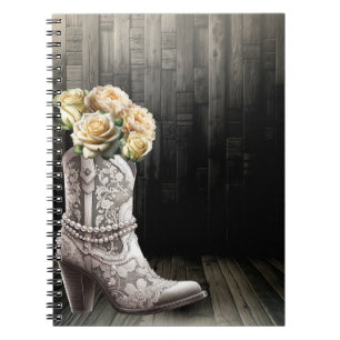 Carnet Bottes Cowgirl en dentelle et perles Fleurs blanch