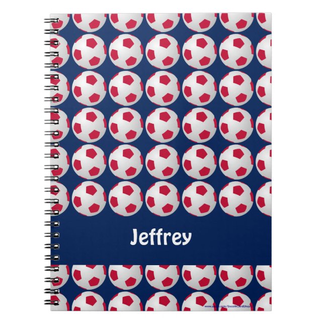 Carnet Boules de soccer rouge, blanc et bleu, nom, spiral (Devant)