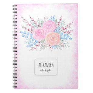 Carnet Bouquet d'aquarelle rose Roses Bleu Feuille goutte