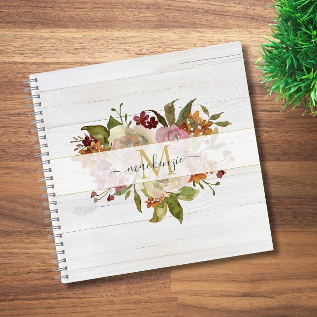 Carnet Bouquet de roses aquarelles rustiques à monogramme (Créateur téléchargé)