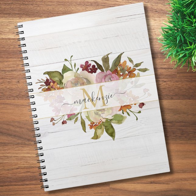 Carnet Bouquet de roses aquarelles rustiques à monogramme (Créateur téléchargé)