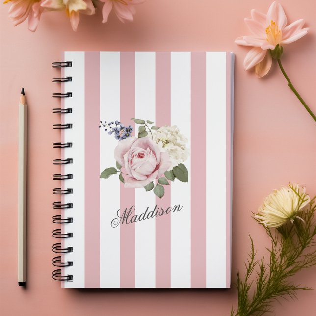 Carnet Bouquet de roses rayées rose-chic du pays Monogram (Créateur téléchargé)
