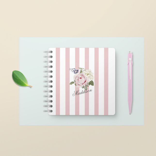 Carnet Bouquet de roses rayées rose-chic du pays Monogram (Créateur téléchargé)
