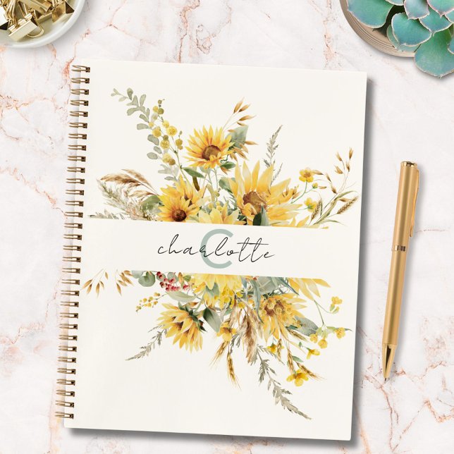 Carnet Bouquet de tournesols à l'aquarelle avec monogramm (In situ)