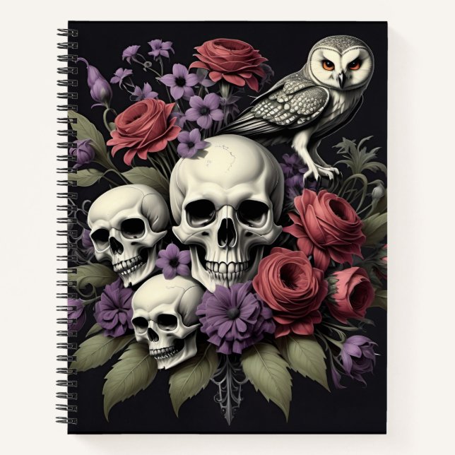 Carnet Bouquet gothique avec 3 crânes et un hibou (Devant)