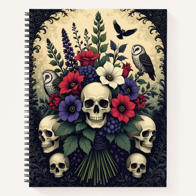 Carnet Bouquet gothique avec crânes et hiboux (Devant)