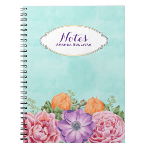Carnet Bouquet Watercolor Flowers Pink Purple Custom